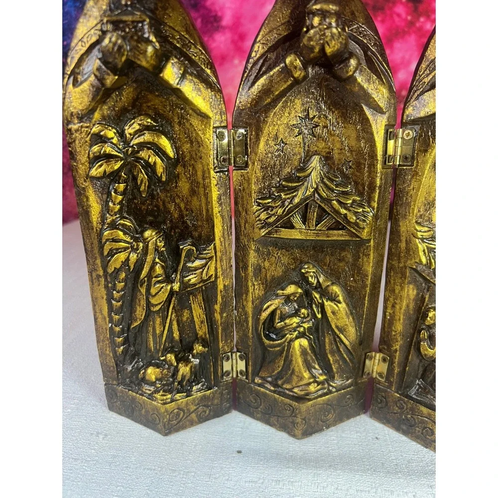 Vintage Gold Triptych Nativity Scene Folding Three Wise Men Christmas Decor 9.5